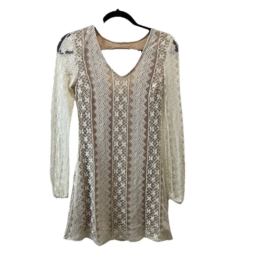 Speechless Cream Lace Overlay Tan Lined Long Sleeve Back Cut Out Dress Size S